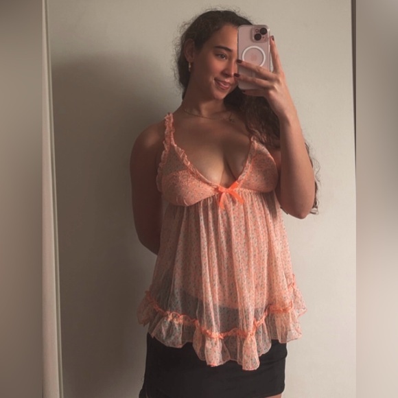 Victoria’s Secret Peek-a-boo Sheer Ruffle Babydoll Cami V Neck Lingerie Tank - Picture 13 of 13